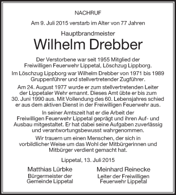 Traueranzeige von Wilhelm Drebber von Die Glocke