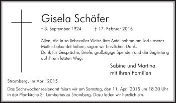 Traueranzeige von Gisela Schäfer von Die Glocke