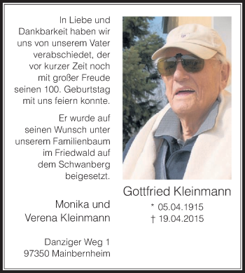 Traueranzeige von Gottfried Kleinmann von Die Glocke