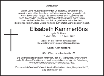 Traueranzeige von Elisabeth Kammertöns von Die Glocke