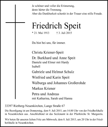 Traueranzeige von Friedrich Speit von Die Glocke