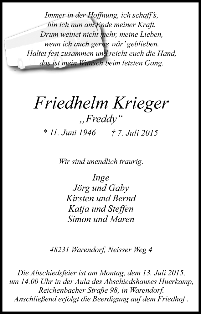  Traueranzeige für Friedhelm Krieger vom 10.07.2015 aus Die Glocke