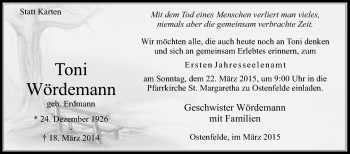 Traueranzeige von Toni Wördemann von Die Glocke