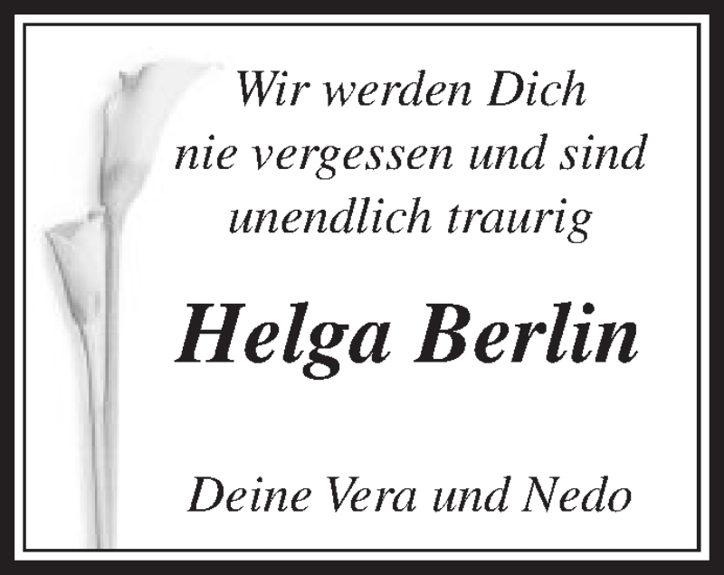  Traueranzeige für Helga Berlin vom 12.05.2015 aus Die Glocke