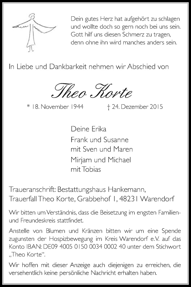  Traueranzeige für Theo Korte vom 31.12.2015 aus Die Glocke