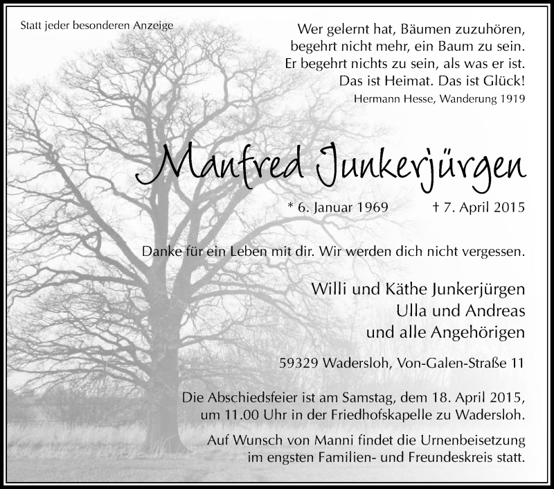  Traueranzeige für Manfred Junkerjürgen vom 14.04.2015 aus Die Glocke
