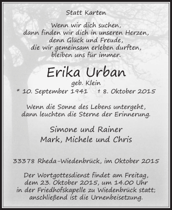 Traueranzeige von Erika Urban von Die Glocke