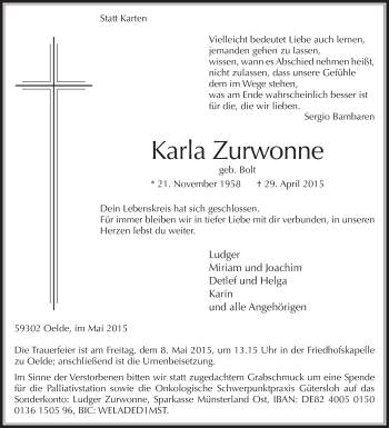 Traueranzeige von Karla Zurwonne von Die Glocke