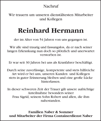 Traueranzeige von Reinhard Hermann von Die Glocke