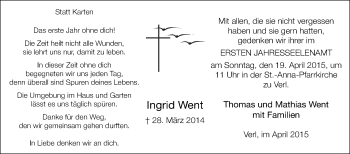 Traueranzeige von Ingrid Went von Die Glocke