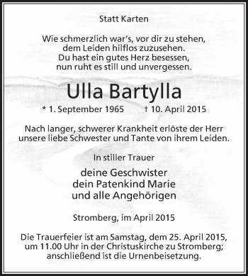 Traueranzeige von Ulla Bartylla von Die Glocke