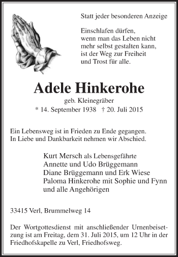 Traueranzeige von Adele Hinkerohe von Die Glocke