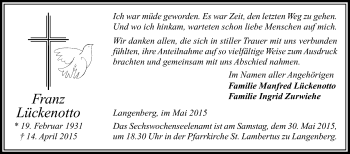 Traueranzeige von Franz Lückenotto von Die Glocke