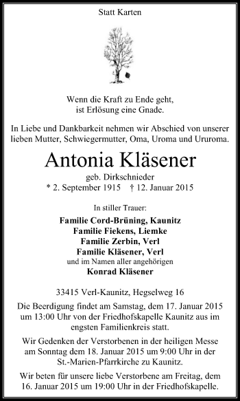 Traueranzeige von Antonia Kläsener von Die Glocke