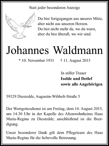 Traueranzeige von Johannes Waldmann von Die Glocke