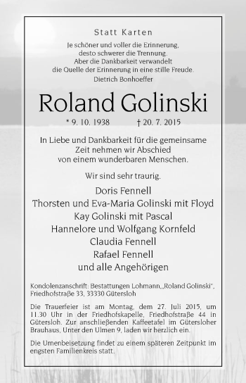 Traueranzeige von Roland Golinski von Die Glocke