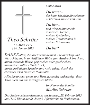 Traueranzeige von Theo Schröer von Die Glocke