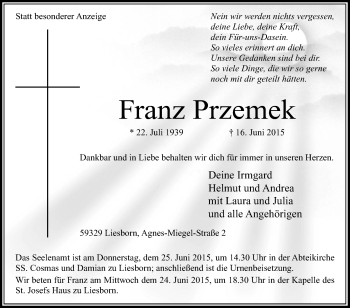 Traueranzeige von Franz Przemek von Die Glocke