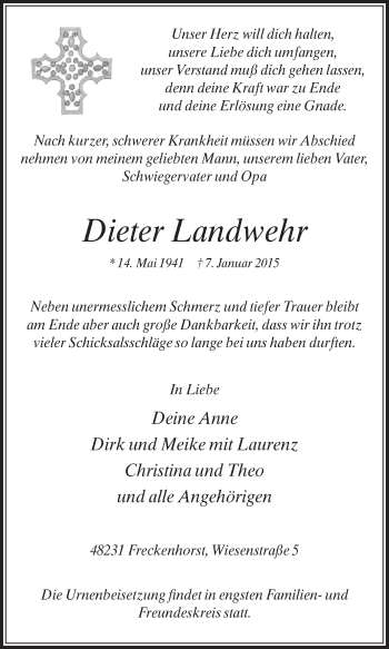 Traueranzeige von Dieter Landwehr von Die Glocke