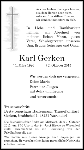 Traueranzeige von Karl Gerken von Die Glocke