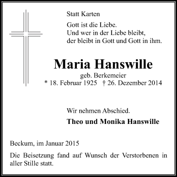 Traueranzeige von Maria Hanswille von Die Glocke