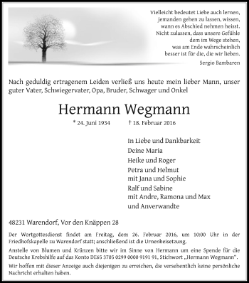 Traueranzeige von Hermann Wegmann von Die Glocke
