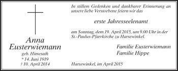 Traueranzeige von Anna Eusterwiemann von Die Glocke