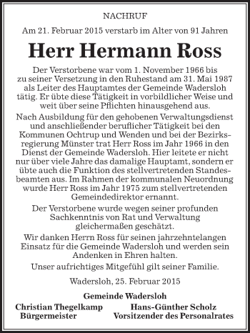 Traueranzeige von Hermann Ross von Die Glocke