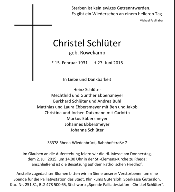 Traueranzeige von Christel Schlüter von Die Glocke