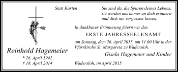 Traueranzeige von Reinhold Hagemeier von Die Glocke