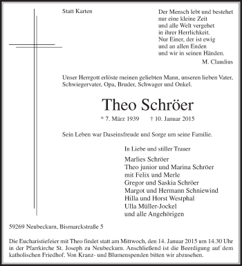 Traueranzeige von Theo Schröer von Die Glocke
