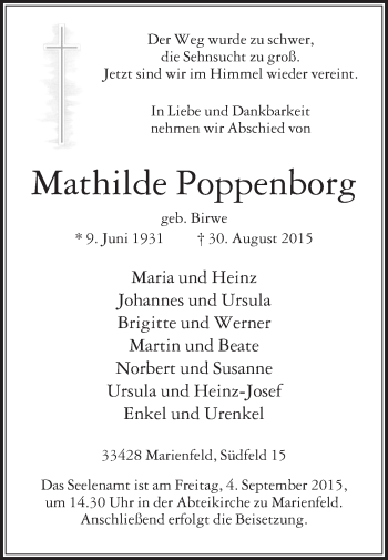 Traueranzeige von Mathilde Poppenborg von Die Glocke