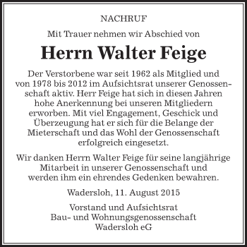 Traueranzeige von Walter Feige von Die Glocke