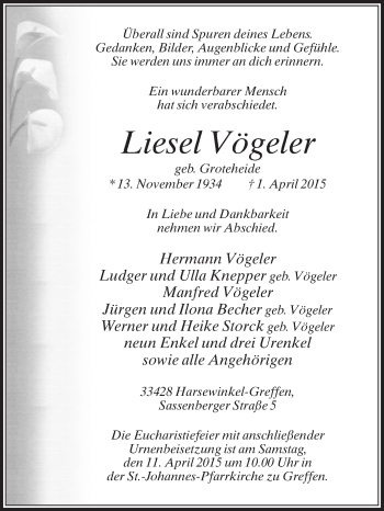 Traueranzeige von Liesel Vögeler von Die Glocke