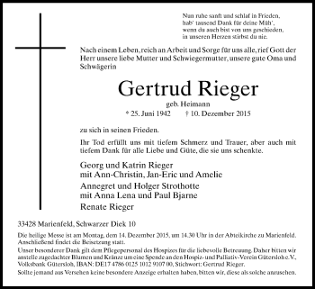 Traueranzeige von Gertrud Rieger von Die Glocke