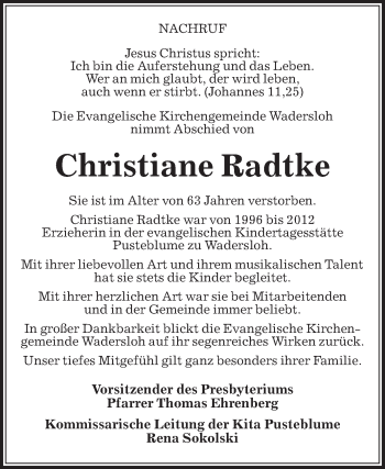 Traueranzeige von Christiane Radtke von Die Glocke