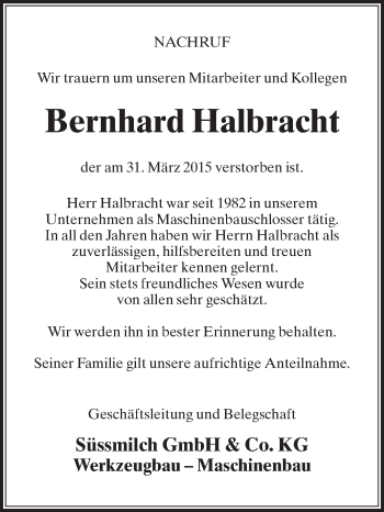 Traueranzeige von Bernhard Halbracht von Die Glocke