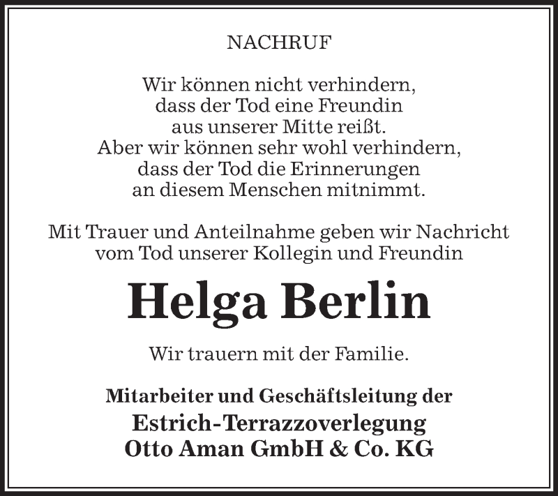  Traueranzeige für Helga Berlin vom 09.05.2015 aus Die Glocke
