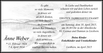 Traueranzeige von Änne Weber von Die Glocke