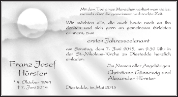 Traueranzeige von Franz Josef Hörster von Die Glocke