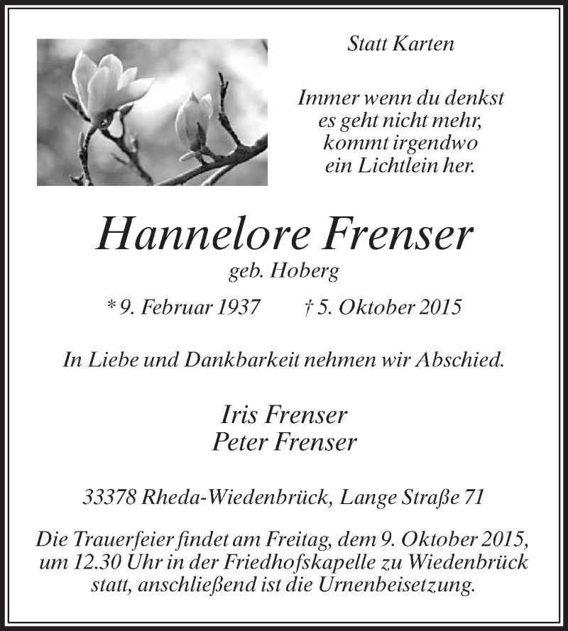  Traueranzeige für Hannelore Frenser vom 06.10.2015 aus Die Glocke