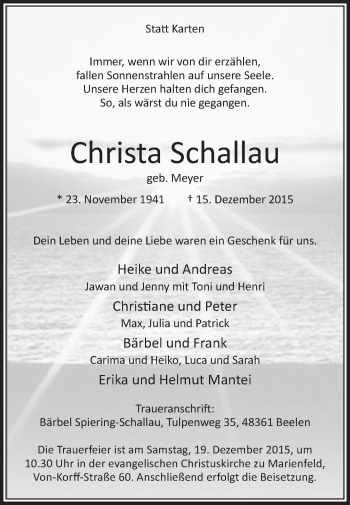 Traueranzeige von Christa Schallau von Die Glocke