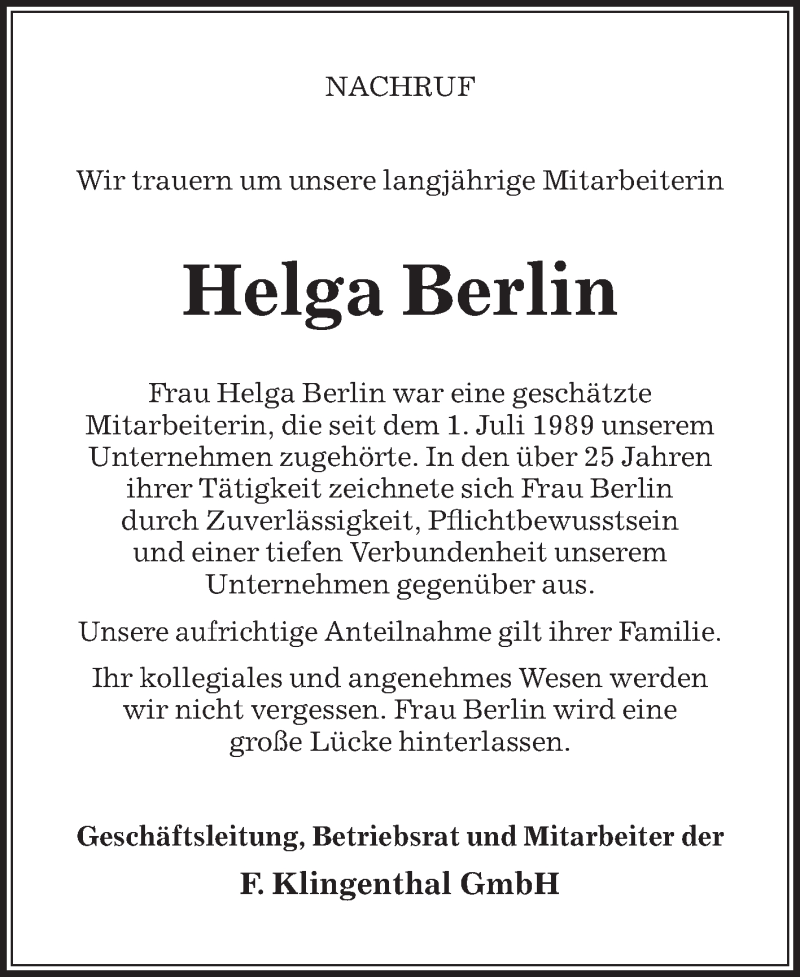  Traueranzeige für Helga Berlin vom 12.05.2015 aus Die Glocke