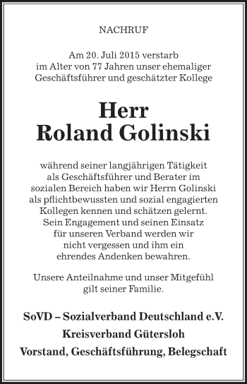 Traueranzeige von Roland Golinski von Die Glocke