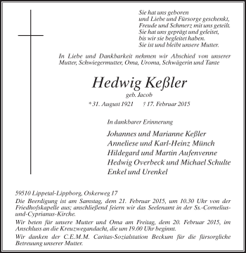 Traueranzeige von Hedwig Keßler von Die Glocke