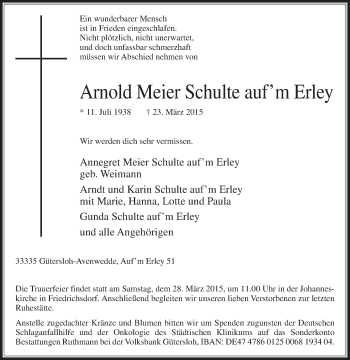 Traueranzeige von Arnold  Meier Schulte auf’m Erley von Die Glocke