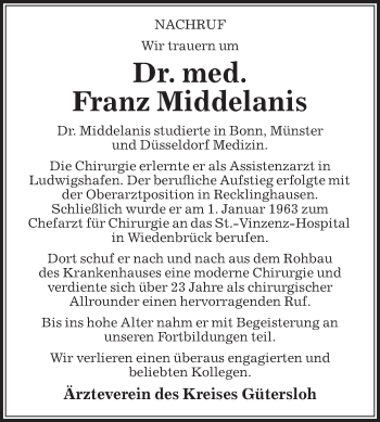 Traueranzeige von Franz Middelanis von Die Glocke