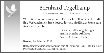 Traueranzeige von Bernhard Tegelkamp von Die Glocke