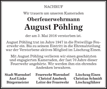 Traueranzeige von August Pöhling von Die Glocke