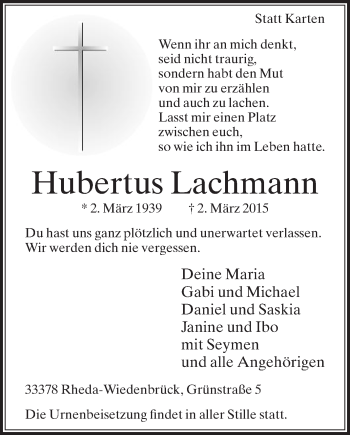 Traueranzeige von Hubertus Lachmann von Die Glocke